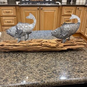 VGUC Metal Fish Sculpture Candle Holder on Wooden Base!